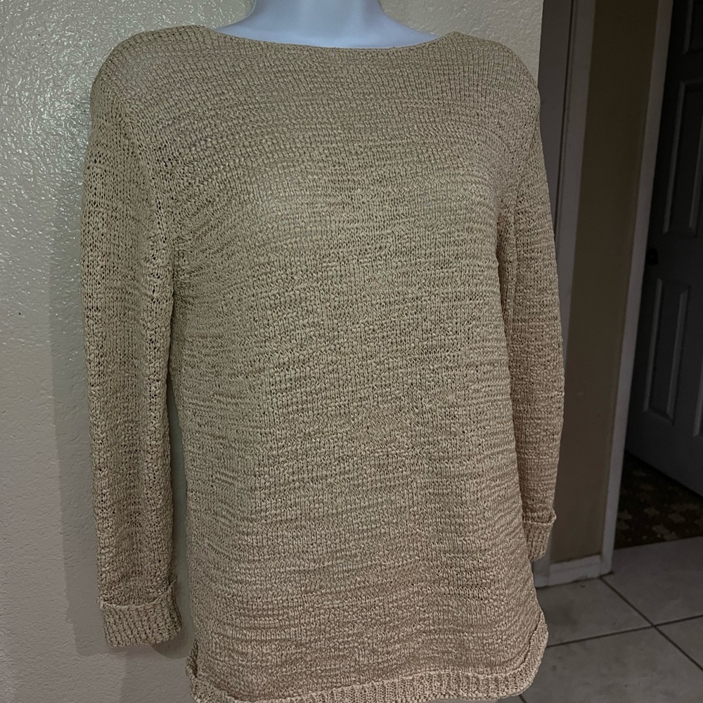 Vintage DKNY Women's Tan Crew Neck Sweater